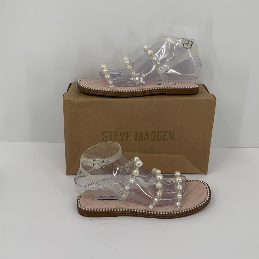 Steve Madden Zazie ankle strap flat sandal clear strappy pearl women new 7.5